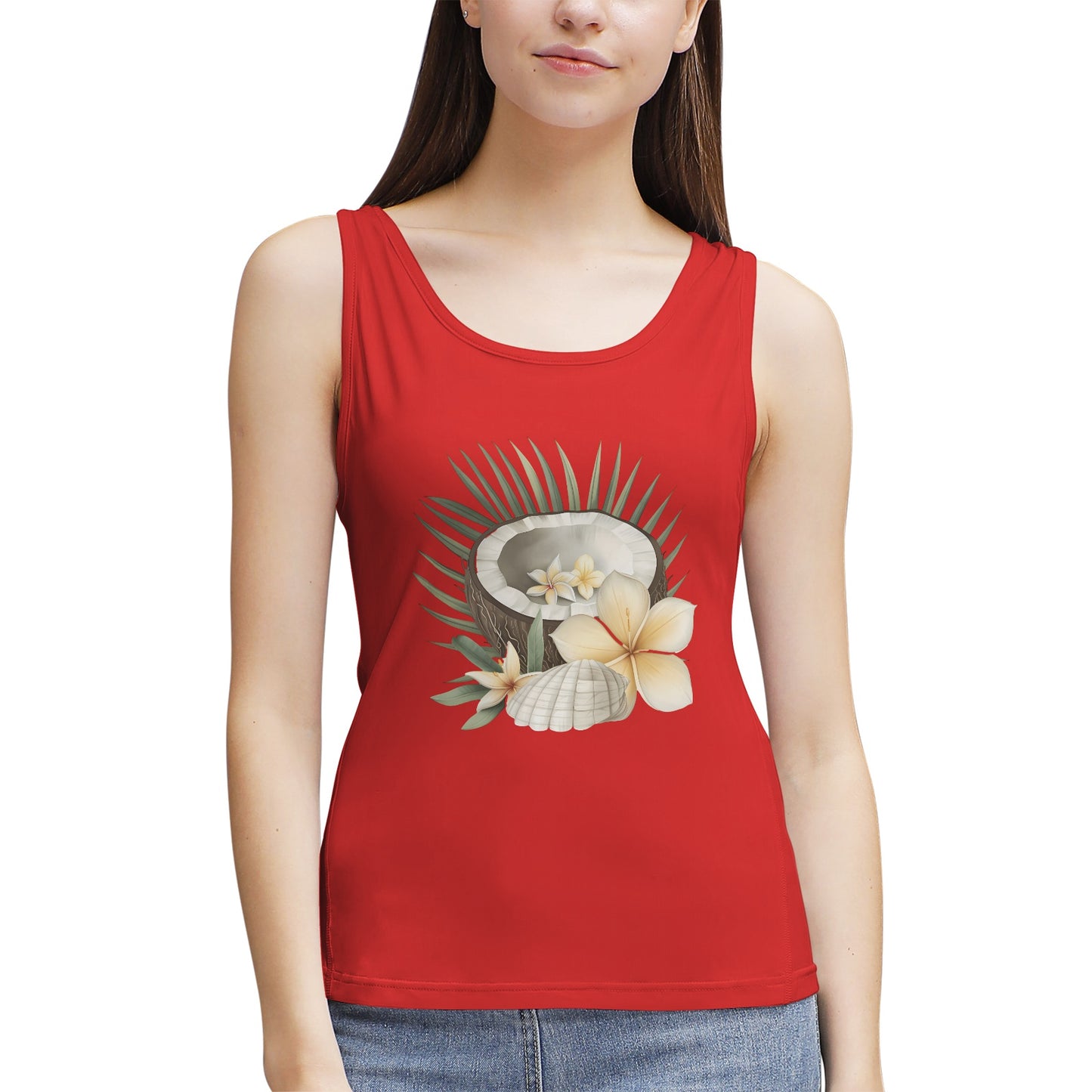 Cut Open Coconut with Decorative Flowers-Women's Tank