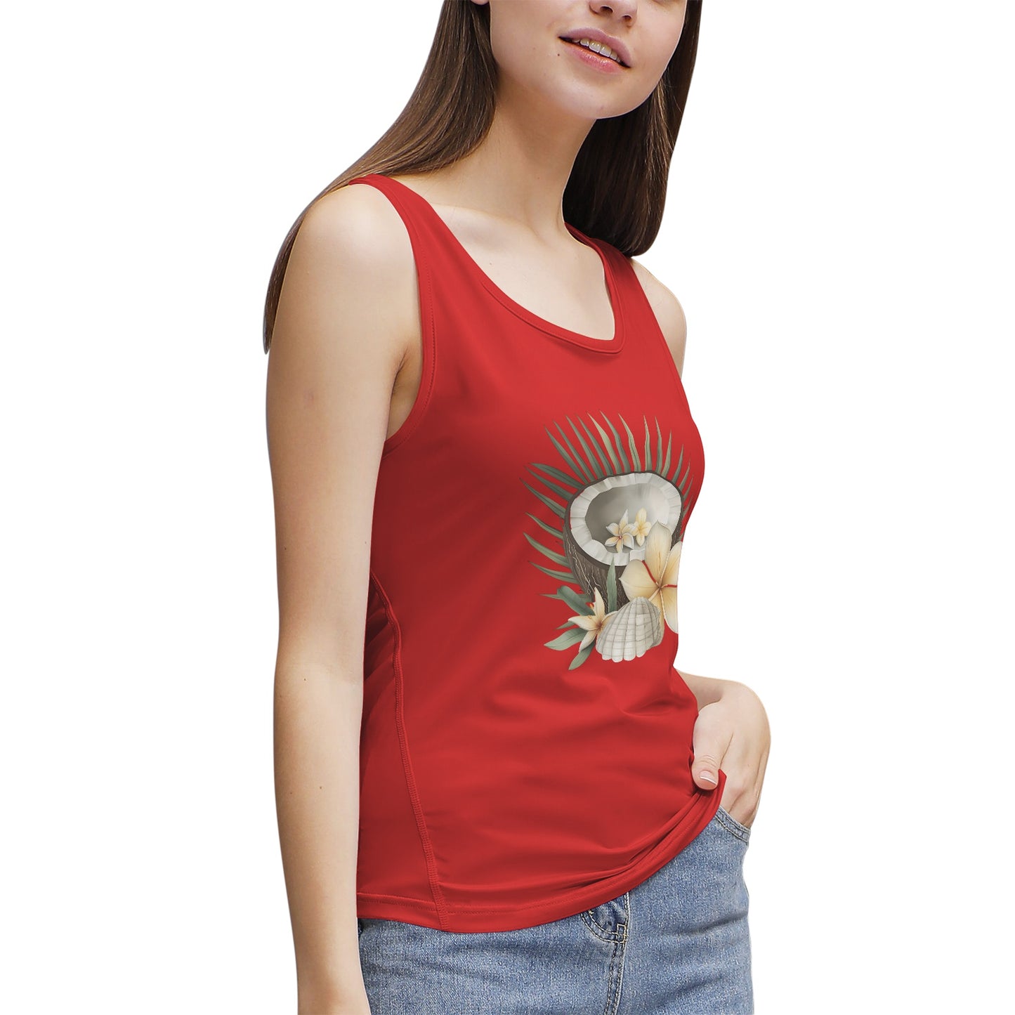 Cut Open Coconut with Decorative Flowers-Women's Tank