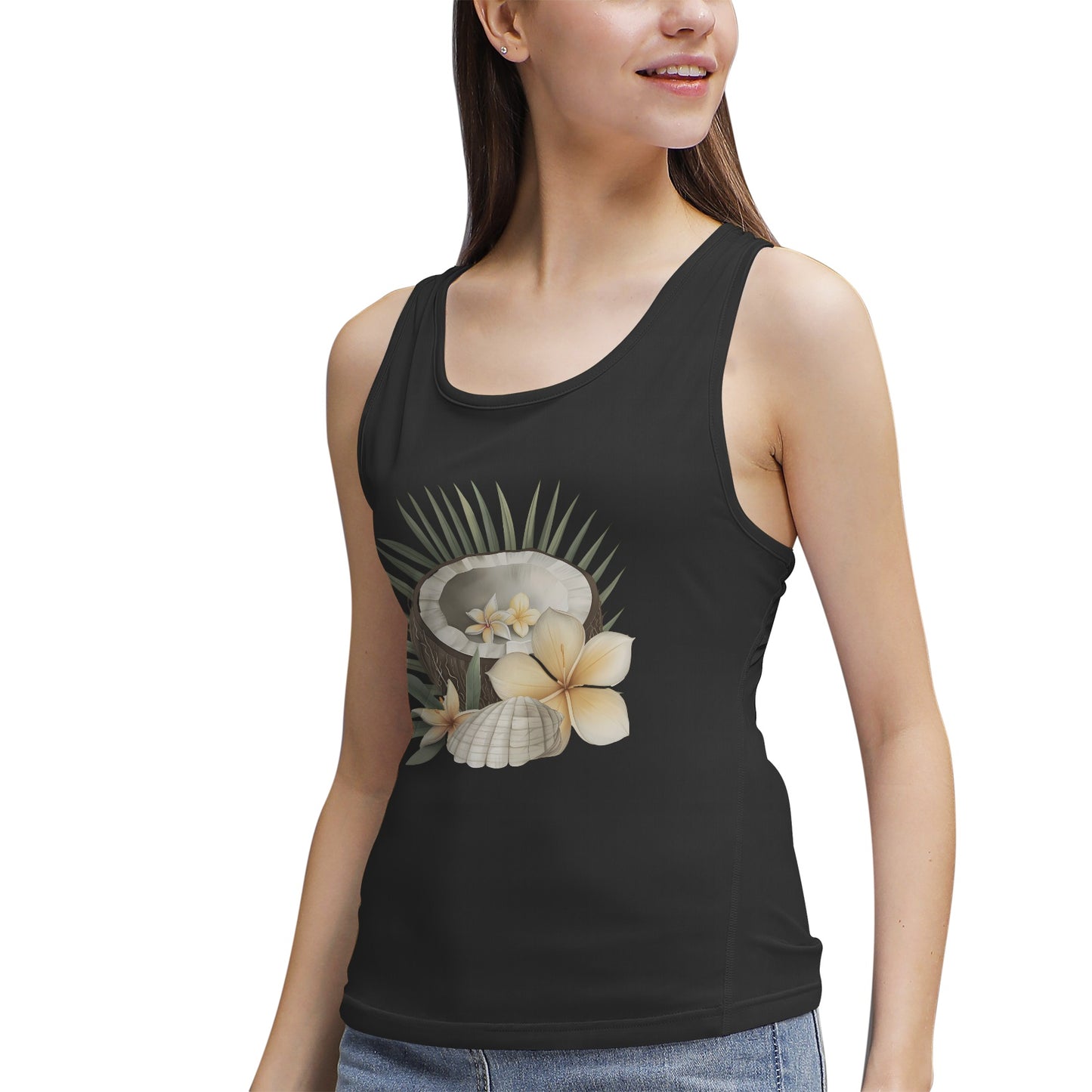Cut Open Coconut with Decorative Flowers-Women's Tank